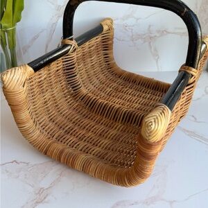 Vintage Woven Rattan Wicker U-Shaped Basket with Black Bentwood Handle